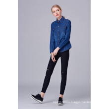 Hot Selling Female Models Long-Sleeved Shirt Women Simple Denim Tops